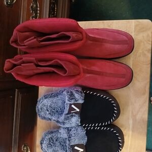 Red Suede Boots and Dark  Chocolate Brown Suede Fuzzy Slippers Sz.7 Med.